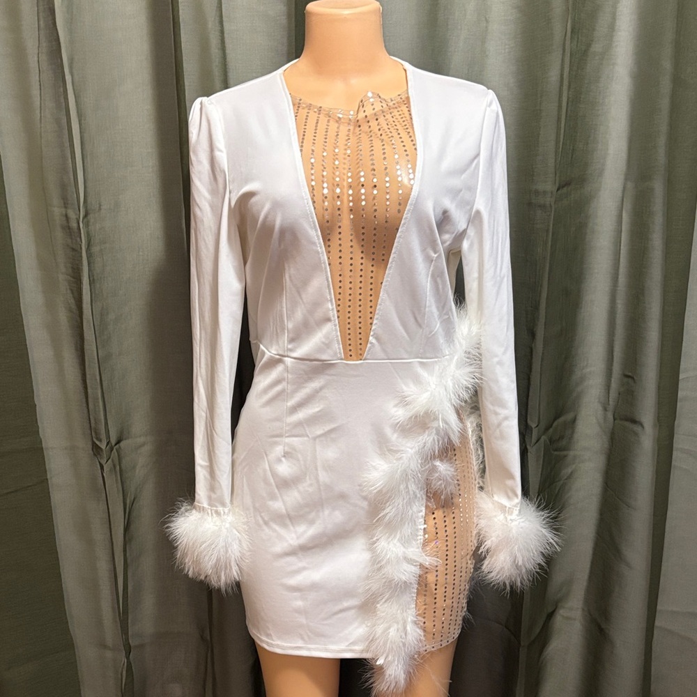 White and Tan Dress with Feather Accents